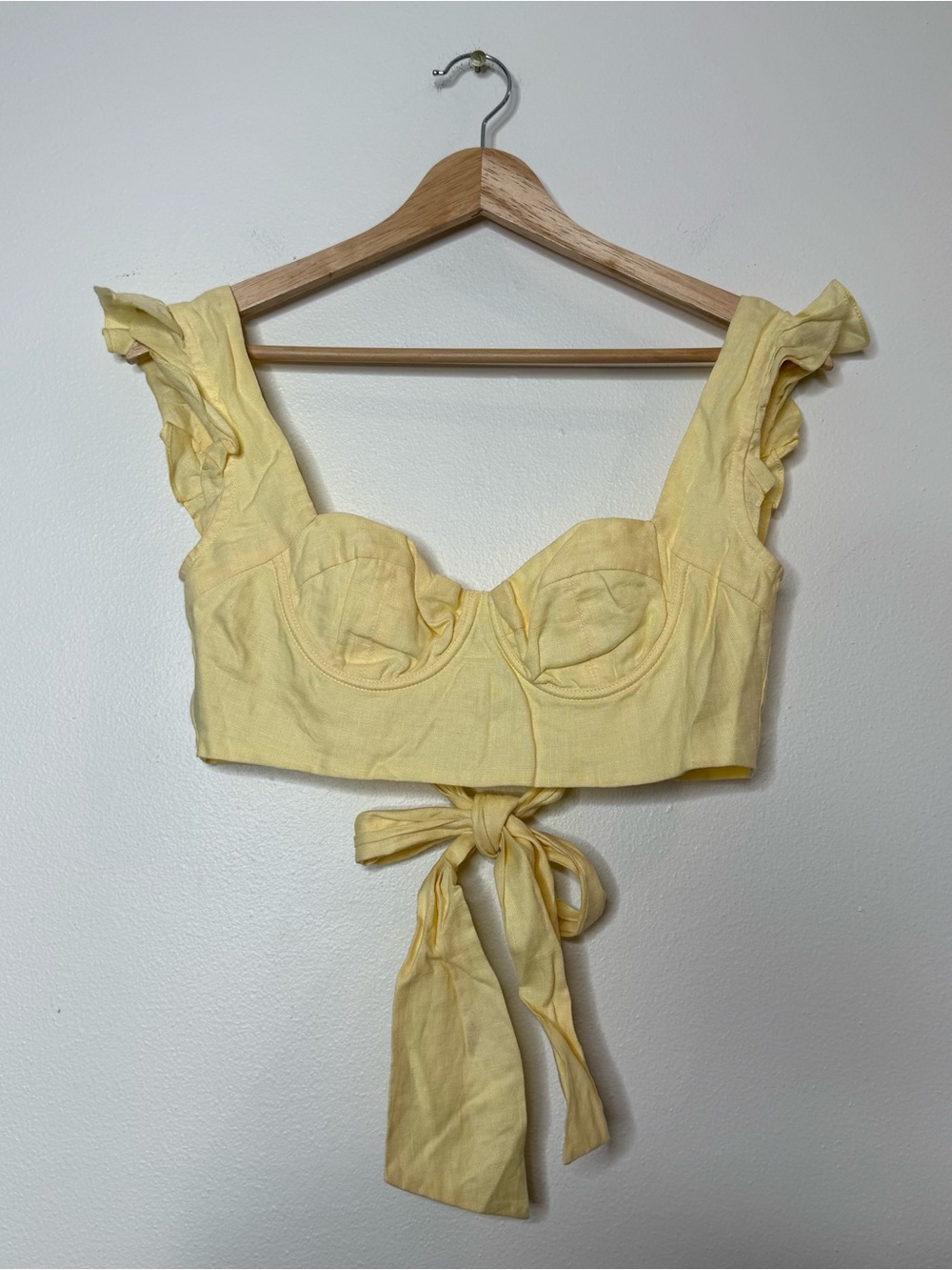 Isa Boulder 100% Linen Bustier Ruffle Structured Crop Top in butter yellow xs
